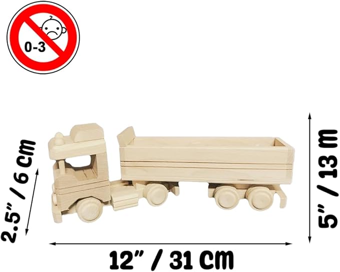 Wooden Truck Toy - for 3+ Yr Children - Handmade in Poland - Natural Unfinished Wood Eco Friendly Toy