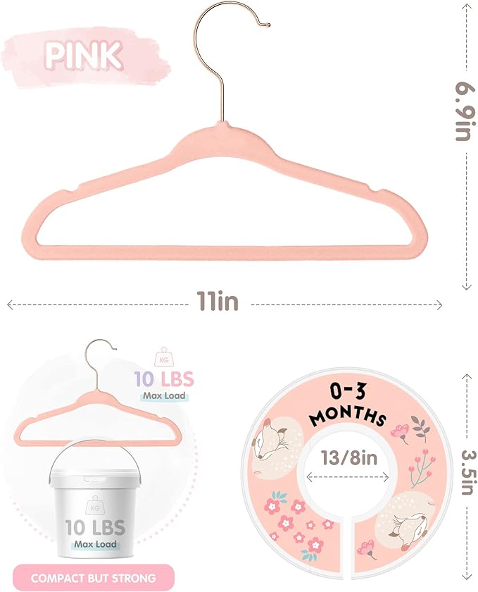 Baby Hangers, VIS'V 11 Inch Pink Velvet Kids Hangers with 6 Pcs Size Dividers Non Slip Nursery Children Closet Clothes Hangers for Infant Toddler Girls and Boys 30 Pcs