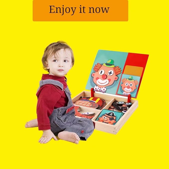 Wooden Magnetic Jigsaw Puzzles Toy, Toddler Craft Toys Educational Travel Puzzle Games Double Sided Drawing Easel for Boys and Girls