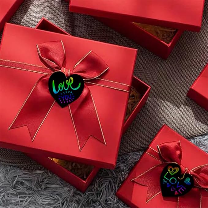 Valentines Day Scratch Paper 96 Pieces Art Rainbow Heart-shaped Scratch Craft Art with Wooden Styluses and Ribbons for Kids Decorative Arts and Crafts Valentine's Day Wedding