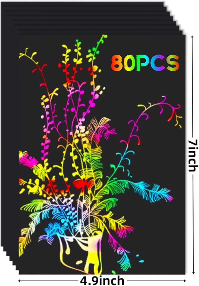 Cityrosy 80 Pcs Scratch Art Paper Rainbow Sets -Black Scratch Off Paper Easter Gifts for Kids Magic Rainbow Scratch Off Set Crafts Supplies Kits for Age 3-12 Kids for Party Games Easter Christmas