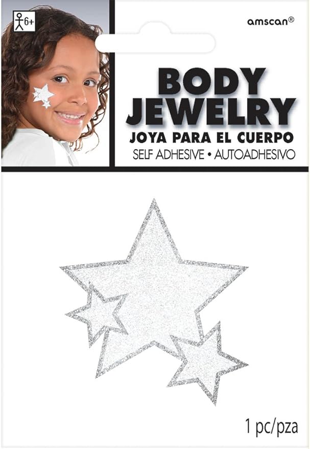 Amscan Stars Assorted Sizes Glitter Self-Adhesive Body Jewelry, 1, White