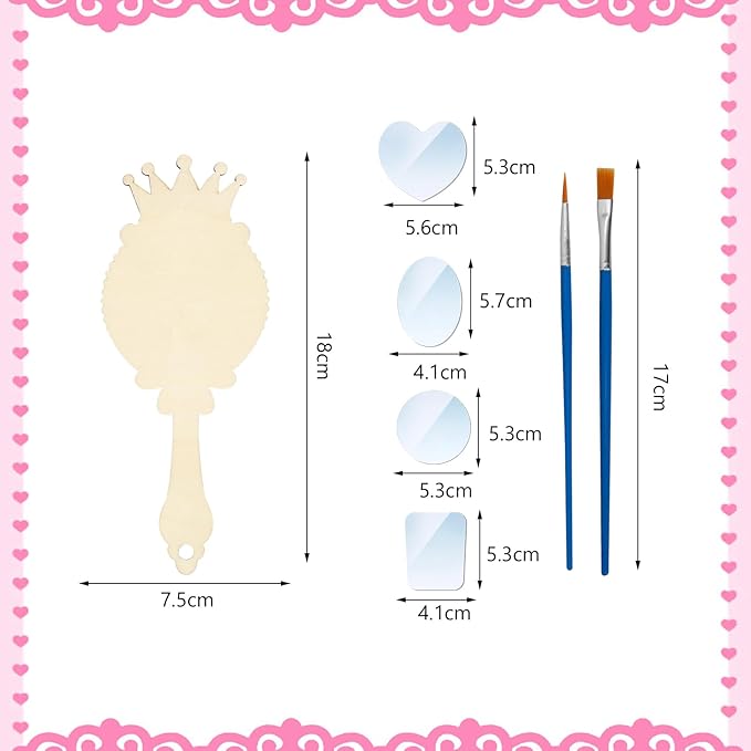 Fennoral 12 Pack Wooden Mirror Craft for Kids Decorate You Own Princess Mirrors for Girls DIY Paint Wooden Hand Mirror for Art Activities Birthday Gift Valentine's DayParty Supplies
