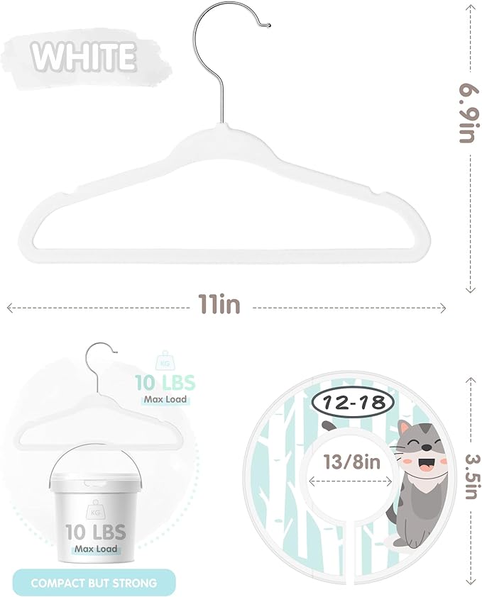 Baby Hangers, VIS'V 11 Inch White Velvet Kids Hangers with 6 Pcs Size Dividers Non Slip Nursery Children Closet Clothes Hangers for Infant Toddler Girls and Boys 50 Pcs
