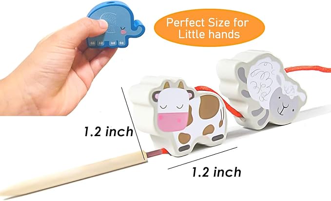 BMTOYS Montessori Educational Threading Toys Wooden Stringing Farm Animals Fruits Lacing Beads Preschool Toy for Toddler 3 4 5 Year Old Boys Girls