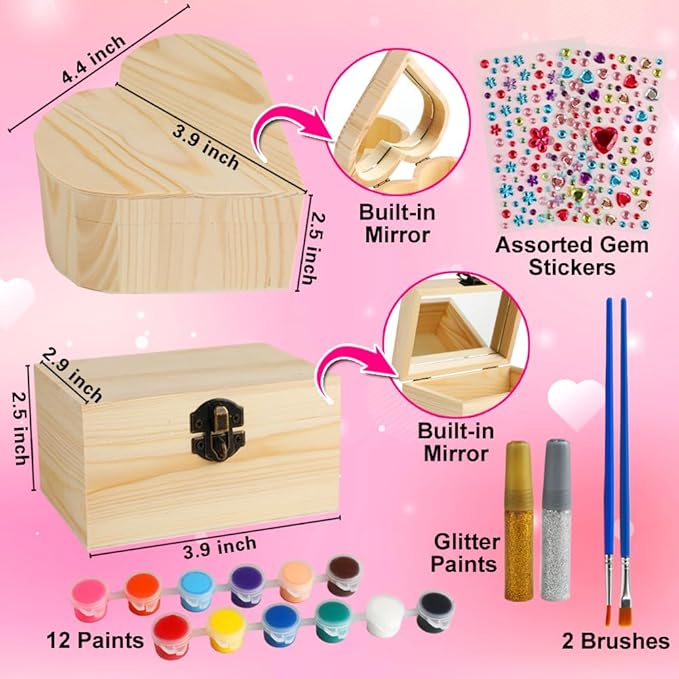 Crafts for Girls 8-12, 2 Pack DIY Wooden Jewelry Box Art Craft Supplies Painting Kit for Kids Ages 4-6 6-8 5 7 9 10 11 Year Old Girl Birthday Party Favors Toys Mothers Valentines Day Gifts