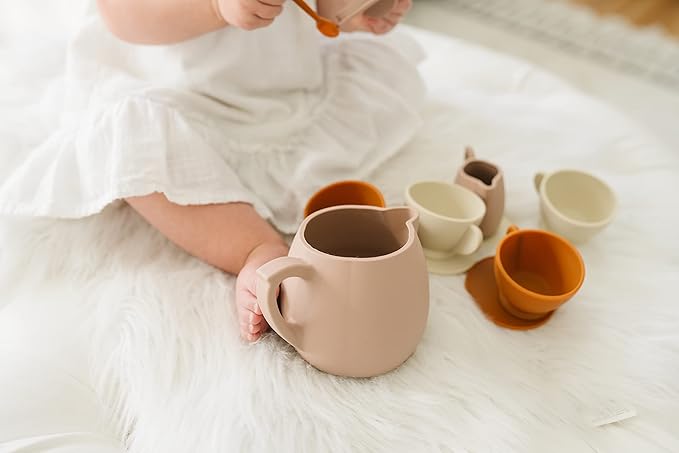 Marlowe & Co Silicone Tea Play Set for Children, 12 Piece Dishwasher Safe Tea Gift Set for Toddlers (Botanical Rose)
