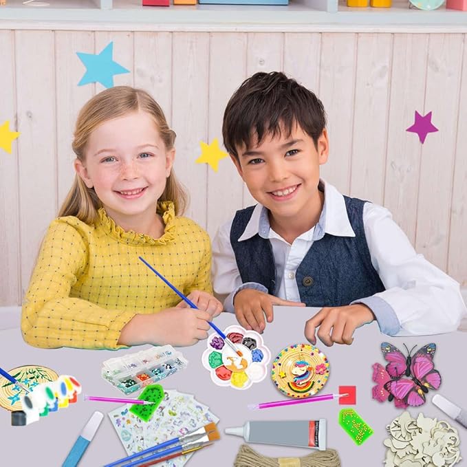 Quimoy 24 Pcs Wooden Painting Kit-Glow in The Dark, Valentines Day Gifts for Kids Classroom, Ornament Making Kit for Kids, Painting Kits for Kids Ages 4-8, Valentines Party Exchange Gifts for Boy Girl