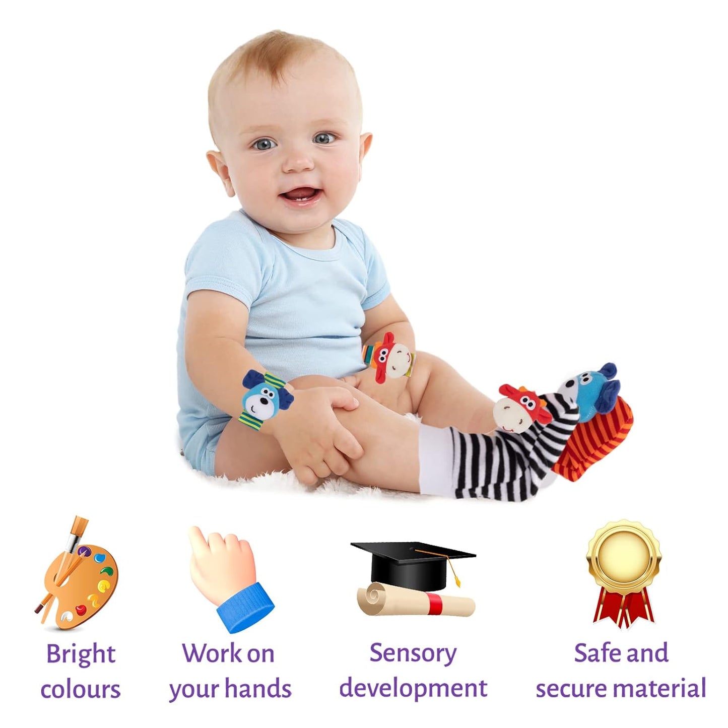 4 Pack Baby Wrist Rattles - Animal Socks Set for Toddlers 1-3, Early Learning Toys