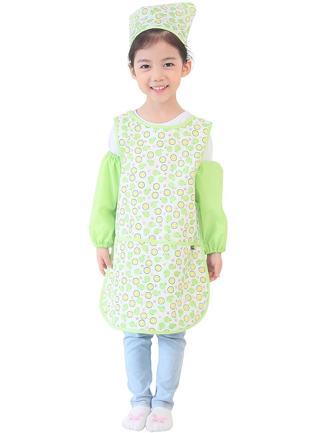 Children Waterproof Artist Painting Aprons or Art Smock 3PCS Set Lime Orange (37-S)