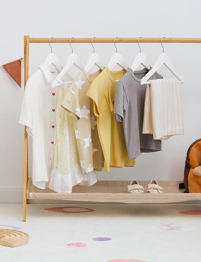 StorageWorks Baby Clothes Hangers, Kids Wooden Hangers with Pant Bar, 20-Pack Natural Wood Hangers for Toddler, Children's Coat Hangers for Closet, Solid Maple Wood Baby Hangers, White