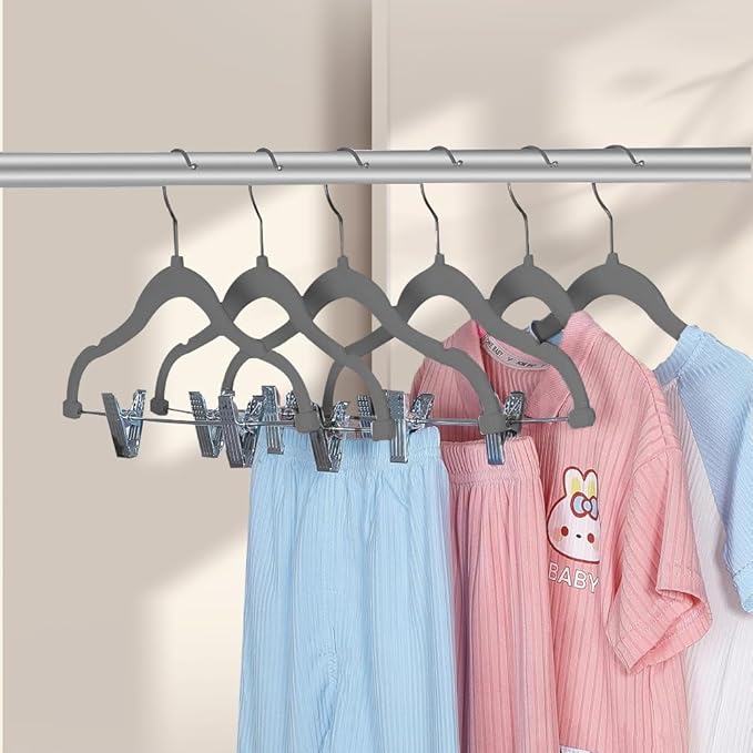 Stormix Baby Hangers, 24 Pack Pants Hangers with Clips, Non-Slip Clothes Hangers, Heavy-Duty Kids Hangers for Shirts, Pants, Skirts, Dresses, Jackets, Coat (Gray)