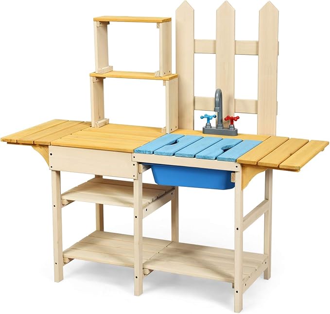 HONEY JOY Kids Mud Kitchen Playset, Indoor Outdoor Wooden Pretend Play Toy Kitchen with Removable Sink, Simulated Faucet, Mud Kitchen for Kids Outdoor, Gift for Boys Girls 3+