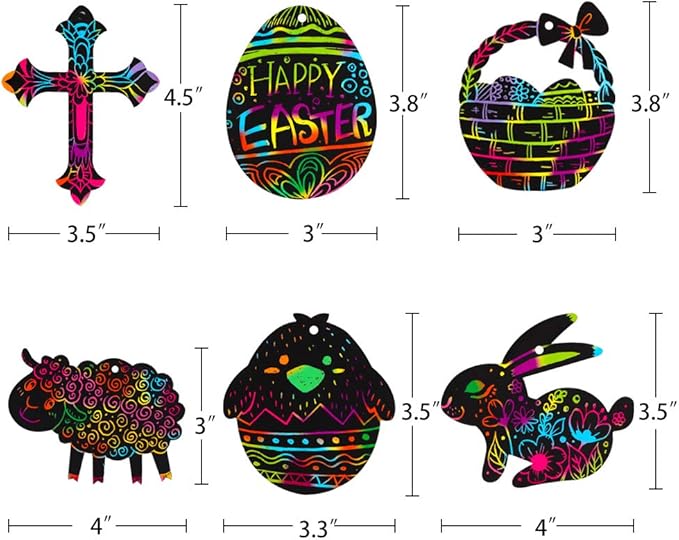 XJF Easter Scratch Art for Kids,24pcs Easter Eggs Bunny Chick Ornament,Magic Scratch Paper Art for Easter Decoration,Party Supplies,Classroom Activity Black