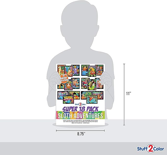 Stuff2Color Super Pack of 18 Fuzzy Velvet Coloring Posters (Sloth Adventures) - Arts & Crafts for Girls and Boys - Great for After School, Travel, Planes, Group Activities, and Coloring with Friends