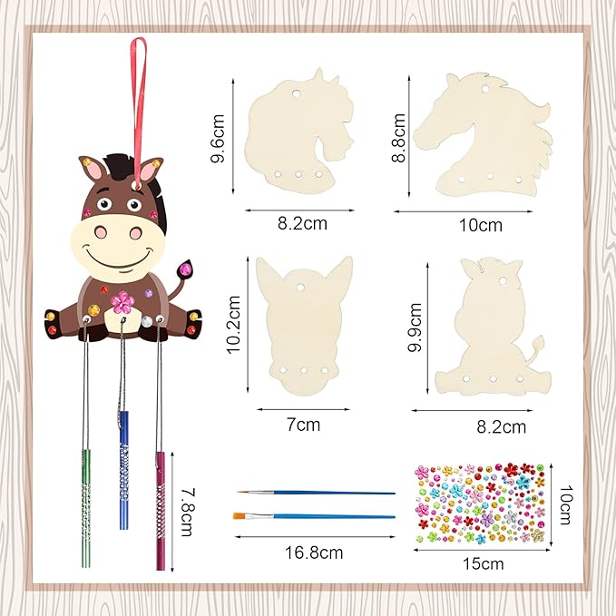 Fennoral 8 Pack Wind Chime Kit for Kids Make Your Own Horse Head Wind Chime Wooden Arts and Crafts for Girls Boys Ornaments DIY Coloring Horse Craft for Art Activity Birthday Party Supplies