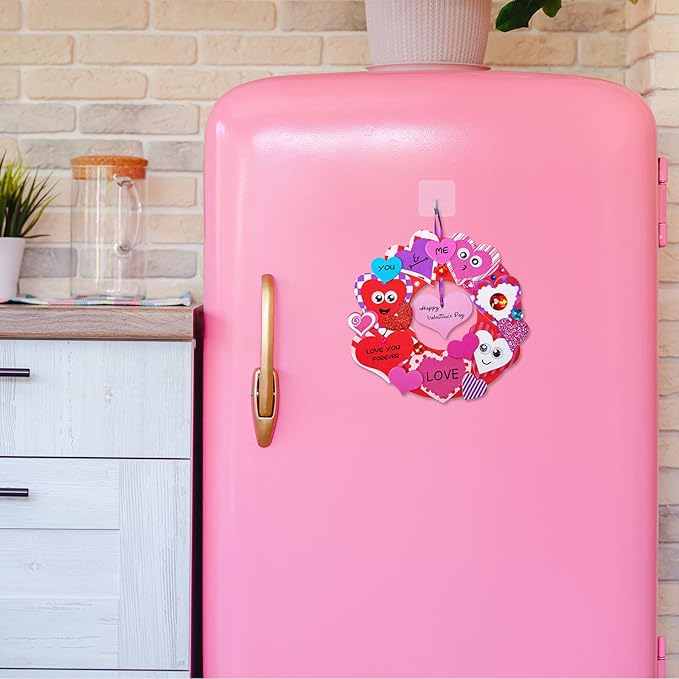 Winlyn 12 Sets Heart Wreath Ornaments Decorations Valentine Crafts Kits for Kids Classroom DIY Valentine's Day Heart Wreath Assorted Heart Cutouts Foam Stickers Googly Eyes Valentine Gift Exchange