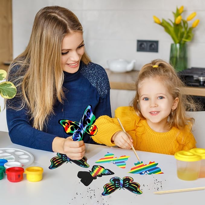 Mezchi 120 Pcs Butterfly Scratch Art for Kids, Rainbow Scratch Paper with 12 Wooden Stylus, Black Scratch Off Paper for Kids, Butterfly Crafts for Kids DIY Crafts, Scratch Art Party Favors,12 Styles