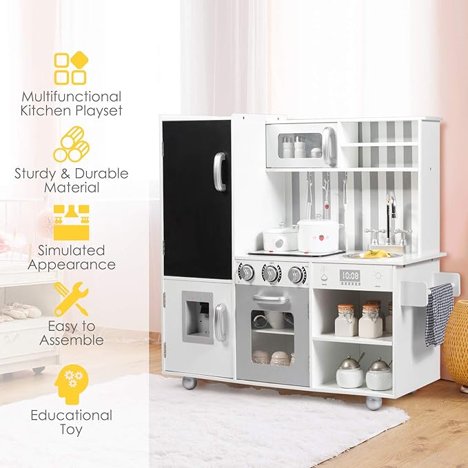 Mayjooy Kids Kitchen Playset, Wooden Play Kitchen w/7 Accessory Utensils, Blackboard, Sink, Stovetop, Sink, Cabinets, Fridge, Simulated Sound & Lights, Pretend Play Kitchen Set for Toddlers Boys Girls