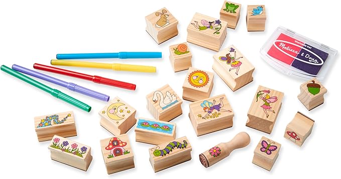 Melissa & Doug Stamp-a-Scene Stamp Pad: Fairy Garden - 20 Wooden Stamps, 5 Colored Pencils, and 2-Color Stamp Pad