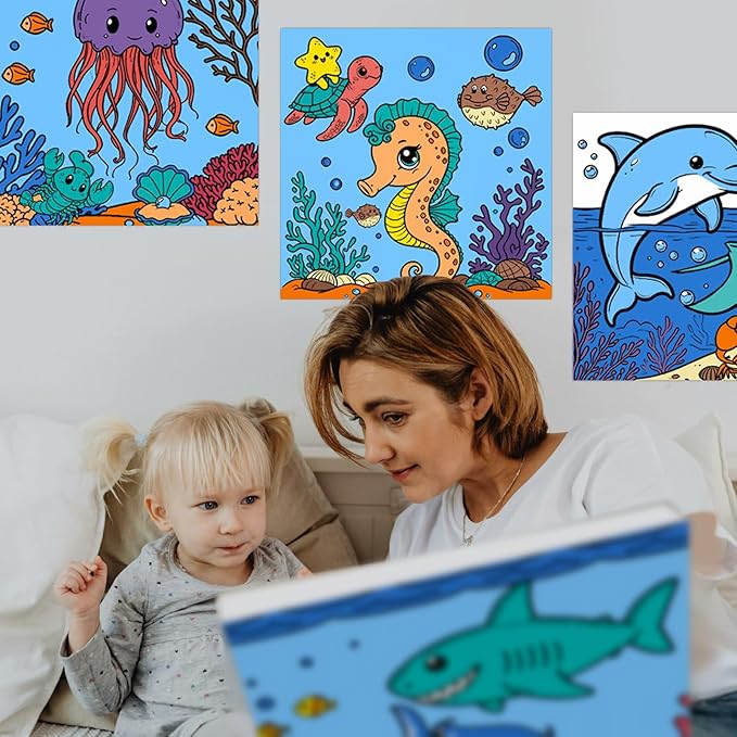 Yizeda 4 Packs 7.8x7.8 Pre Drawn Canvas Paint Set,Paint by Numbers for Kids,48 Paints 8 Brushes 2 Easels,Pre-Printed Acrylic Oil Painting Kit Ages 8-12 9-12 4-8 Pre Drawn Canvas for Painting for Kids