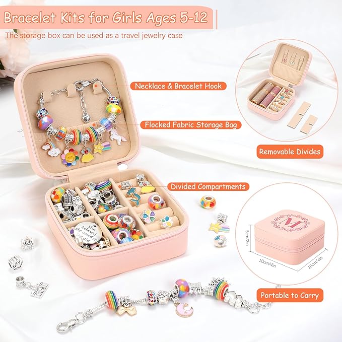 Charm Bracelet Making Kit for Girls Ages 3-12, 66Pcs Kids Jewelry Making Kit Easy to Craft Necklace Personalized Birthday Christmas Gifts With Jewelry Organizer Box A To Z For Girls Jewelry Maker (A)