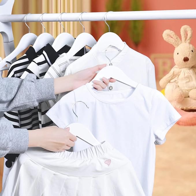 FairyHaus Kids Hangers 20 Pack 12.8 Inch, Solid Wooden Baby Hangers for Closet, Anti-Rust 360° Swivel Hook, Notches & Smooth Finish, Durable and Strong Childrens Hangers for Clothes White