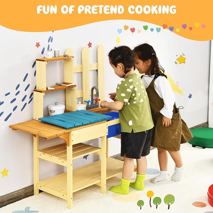 HONEY JOY Kids Mud Kitchen Playset, Indoor Outdoor Wooden Pretend Play Toy Kitchen with Removable Sink, Simulated Faucet, Mud Kitchen for Kids Outdoor, Gift for Boys Girls 3+