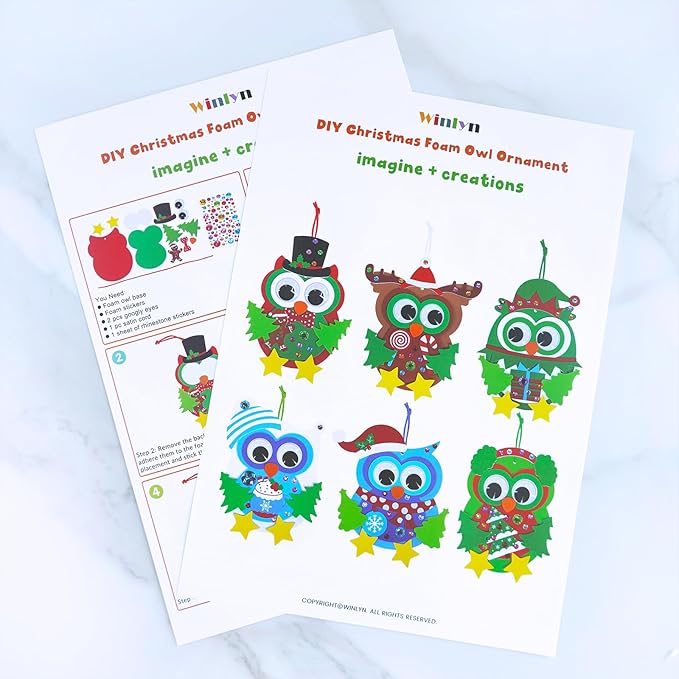 Winlyn 24 Sets Christmas Craft Kits Winter Crafts DIY Christmas Owl Ornaments Decorations Art Sets Foam Owl Christmas Tree Holiday Stickers for Kids Festival Home Classroom Activities Party Favors