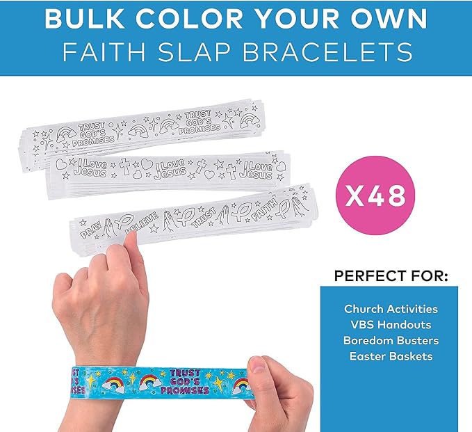 Fun Express Color Your Own Faith Slap Bracelets - VBS and Sunday School Craft Kits - Bulk Set of 48