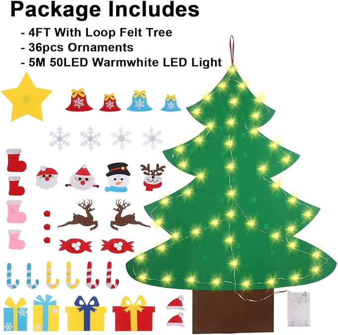 GameXcel 4ft Felt Christmas Tree for Toddlers with LED Light & 36pcs Ornaments, Velcro Montessori DIY Xmas Decorations - 4 Feet