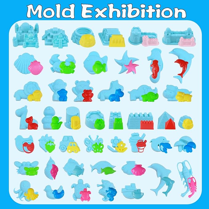 Play Sand Kit, 54Pcs Sandbox Toys Set for Boys Girls, 3lbs Magic Blue Sand, Mold Tools, Inflatable Tray, Storage Box, Funny Birthday Christmas Gift