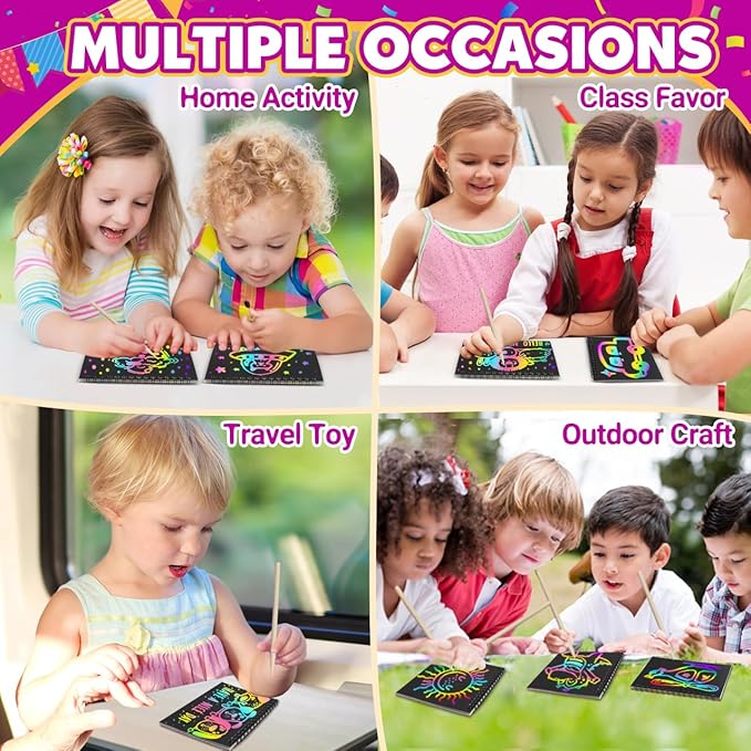pigipigi Party Favor Toy for Kids: 24 Pack Rainbow Art Scratch Notebook, Colorful Craft Scribble Paper Magic Black Drawing Pad kit, Activity Gift Set for Girl Boy Children Birthday Christmas