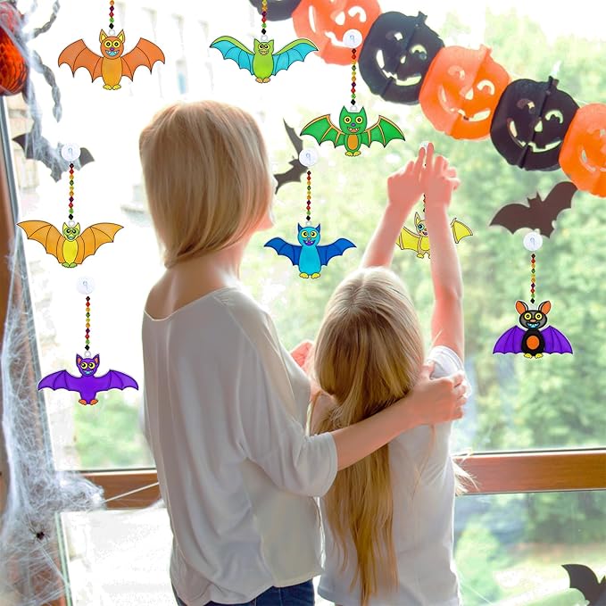 Winlyn 24 Sets Halloween Bat Suncatchers Ornaments Halloween Decorations DIY Window Paint Art Suncatchers Halloween Craft Kits Suncatchers Painting Kits for Kids Activities Classroom Art Project