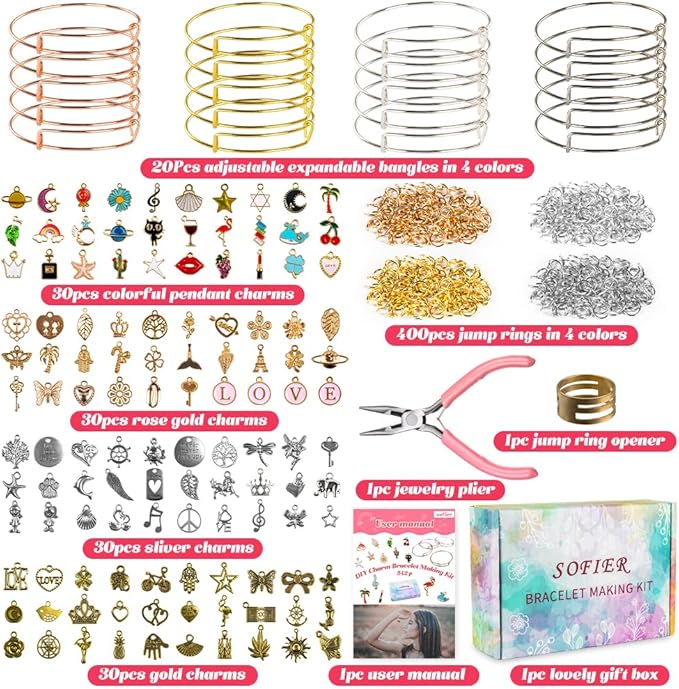 Sofier 542pcs Bangle Bracelet Making Kit DIY Jewelry Making Kit and Supplies Expandable Charm Bracelets Pendants Plier Set Toy Art Craft Gift for Girl Teen Women Adult