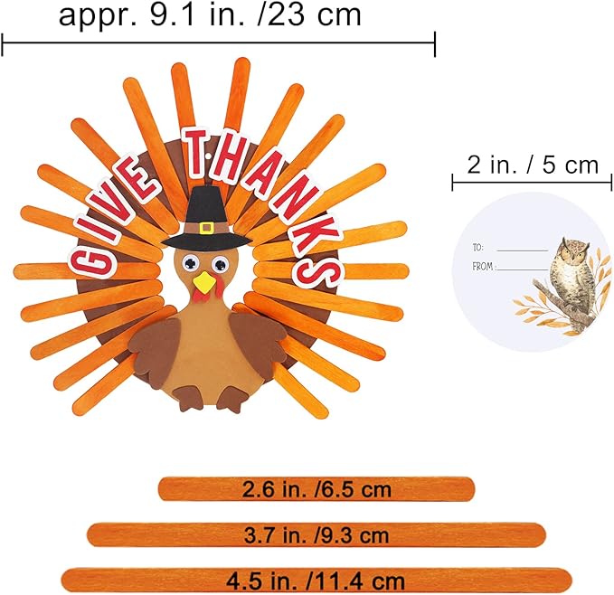Winlyn 24 Sets Thanksgiving Craft Kits Fall Crafts DIY Give Thanks Thanksful Turkey Ornaments Decorations Art Sets Wood Craft Sticks Turkey Foam Stickers Googly Eyes for Kids Classroom Activities