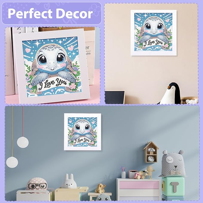 hkejoi Turtle Diamond Art Painting Kits for Kids with Frame, Cartoon Diamond Art for Kids Ages 4-6-8-12, Easy Kids Gem Art Kit with Cartoon Box for Home Wall Decor 7x7inch