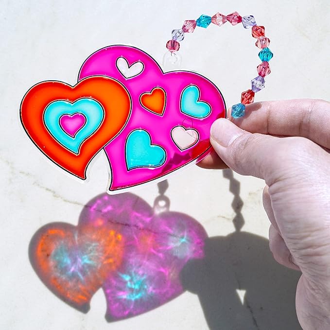 Winlyn 27 Sets Heart Suncatchers Ornaments Decoration DIY Window Paint Art Stickers Craft Kit Heart Sun Catchers for Kids Mother's Day Gift Valentine's Day Classroom Art Project Party Favors