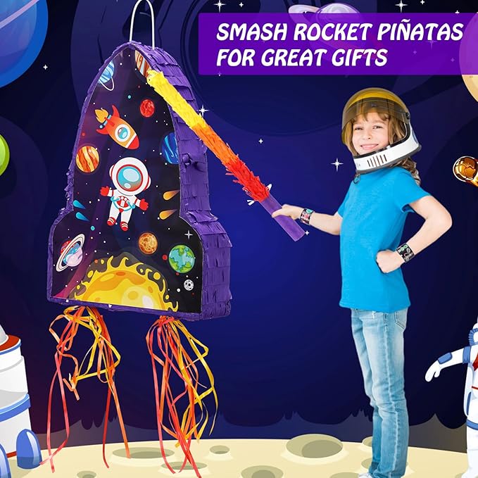 Meooeck 90 Pcs 16 x 12 x 3 Rocket Ship Pinata with Blindfold Pinata Stick Confetti Set, Kid Outer Space Party Favors Include Slap Bracelet Tattoo Sticker Bouncy Ball Flashlight Keychains Space Pinata