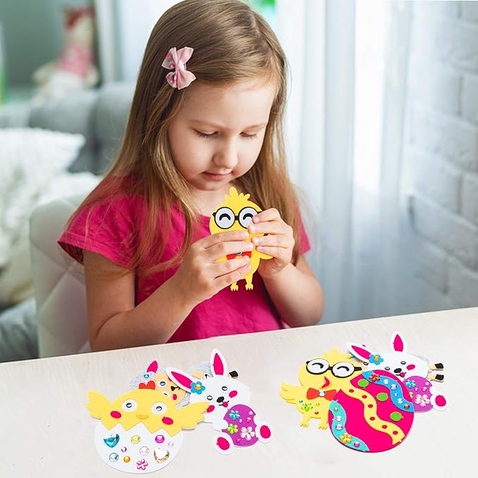 MALLMALL6 12Pcs Easter Fridge Magnet Craft Kit Easter Eggs Bunnies Chicks Lamb Eggshell Chicken Active Eyes Felt Set Diamond Stickers Fun Home Activities Springtime DIY Art Project for Kids