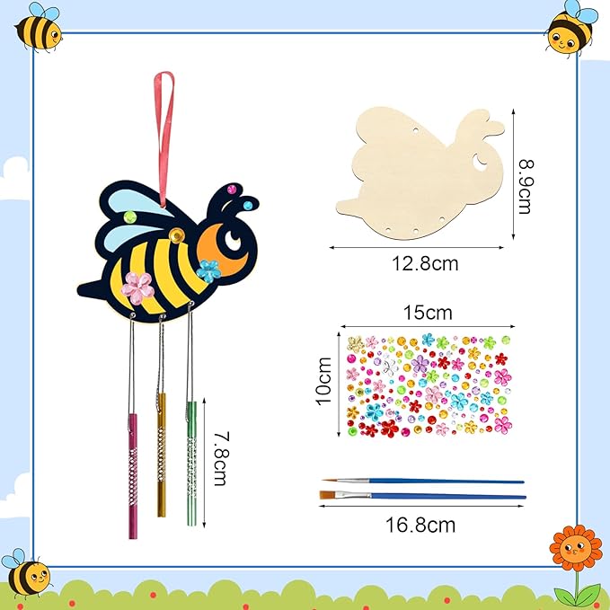 Fennoral 10 Pack Bee Wind Chime Kit for Kids Make You Own Honey Bee Wind Chimes Ornaments DIY Coloring Wooden Art and Craft for Insects Spring Art Activities Birthday Party Decorations