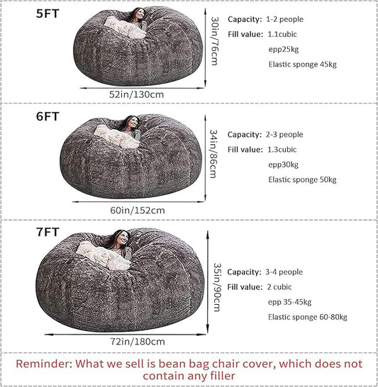 (Cover only, No Filler) Giant Fur Bean Bag Chair Cover for Kids Adults, Living Room Furniture Big Round Soft Fluffy Faux Fur Beanbag Lazy Sofa Bed Cover (Wine Red, 6FT)