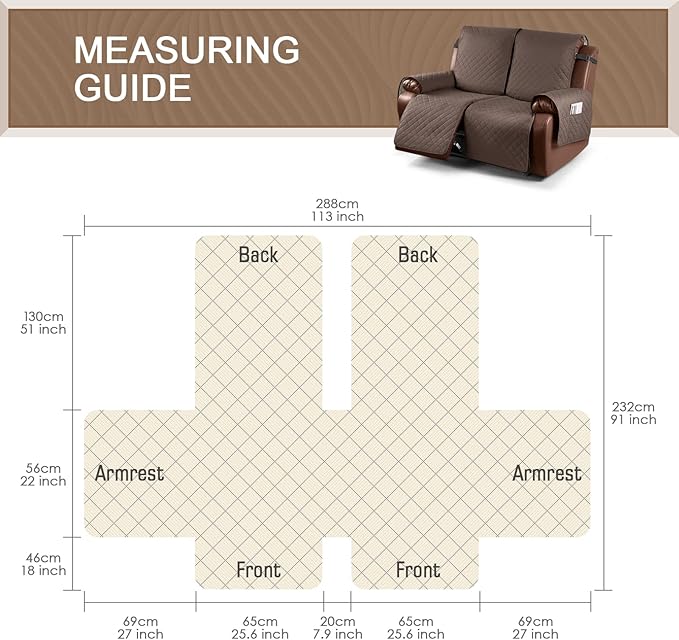 KinCam Loveseat Recliner Covers for 2 Seat, 100% Waterproof Reclining Loveseat Covers, Non-Slip Recliner Cover Furniture Protector with Elastic Straps for Pets, Kids, Brown