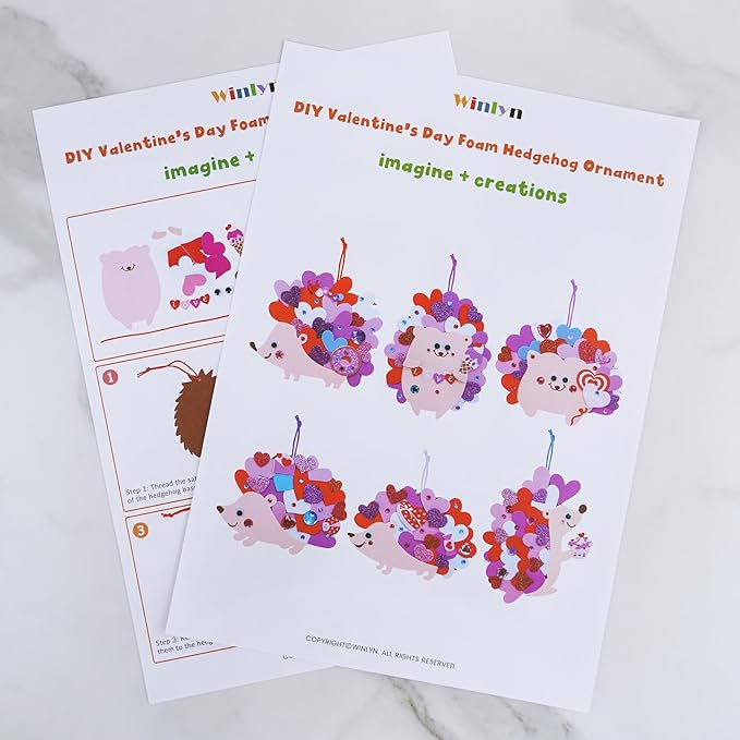 Winlyn 24 Sets Heart Hedgehog Ornaments Decorations Valentine Crafts Kits Heart Hedgehog Art Sets Heart Foam Valentine Stickers for Kids Valentine's Day Party Classroom Activities Gift Exchange