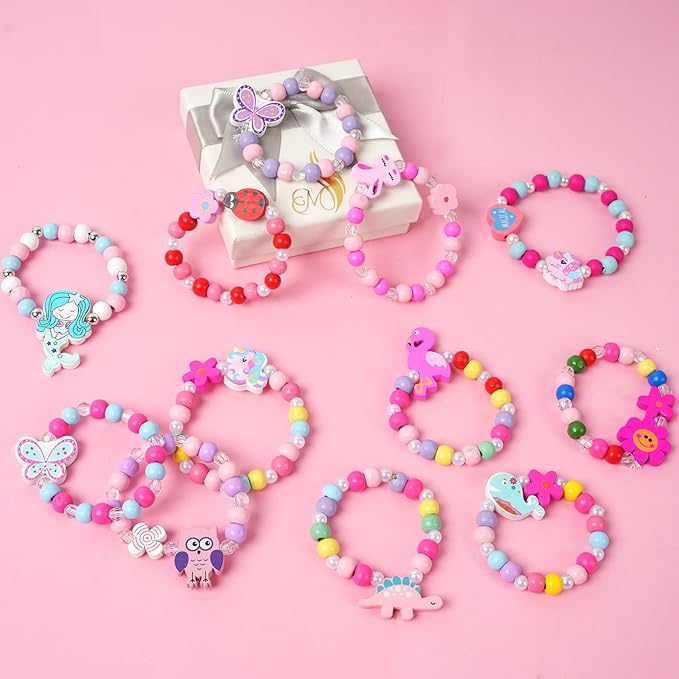 Wooden Bracelets for Girls Party favors Dress up Unicorn Mermaid Rainbow Heart Pendant Cute Friendship Stretchy Costume Jewelry Set Gift Play Party Favors (Animal)