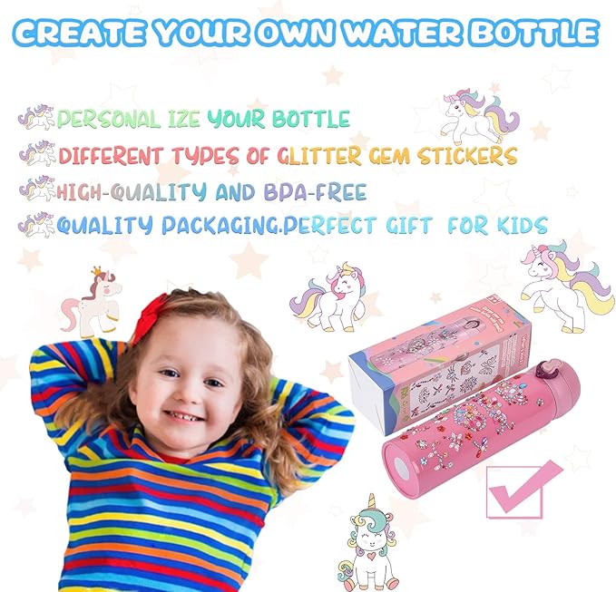 YOFUN Create Your Water Bottle with Tons of Rhinestone Gem Stickers - Craft Kit & DIY Art Set for Children, Gift for Girls - 17 OZ BPA Free Stainless Steel Vacuum Insulated Mug (Gemstone)