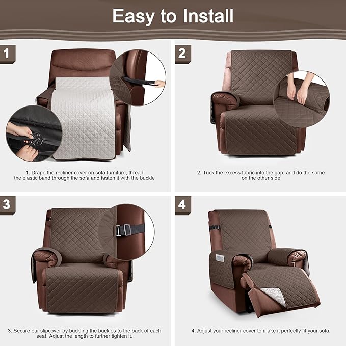 KinCam 100% Waterproof Recliner Chair Cover, Reclining Couch Covers for Pets, Dogs, Recliner Couch Slipcover Furniture Protector with Elastic Straps for Kids(23.6", Brown)