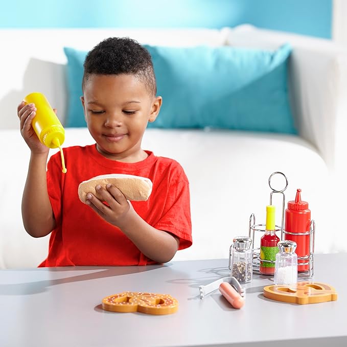 Melissa & Doug Condiments Set (6 pcs) - Play Food, Stainless Steel Caddy