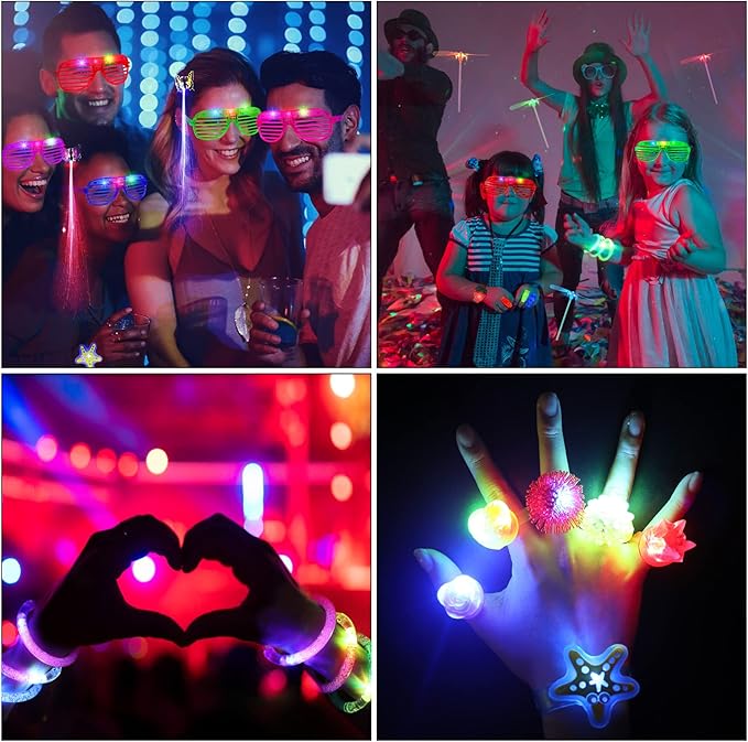 Max Fun 88Pcs LED Light Up Toy Party Favors Glow In The Dark Party Supplies Bulk, Glow Sticks Halloween Party Favors Pinata Stuffers for Adult Kids 4-8 8-12 with 40 Finger Lights, 5 LED Glasses, 5