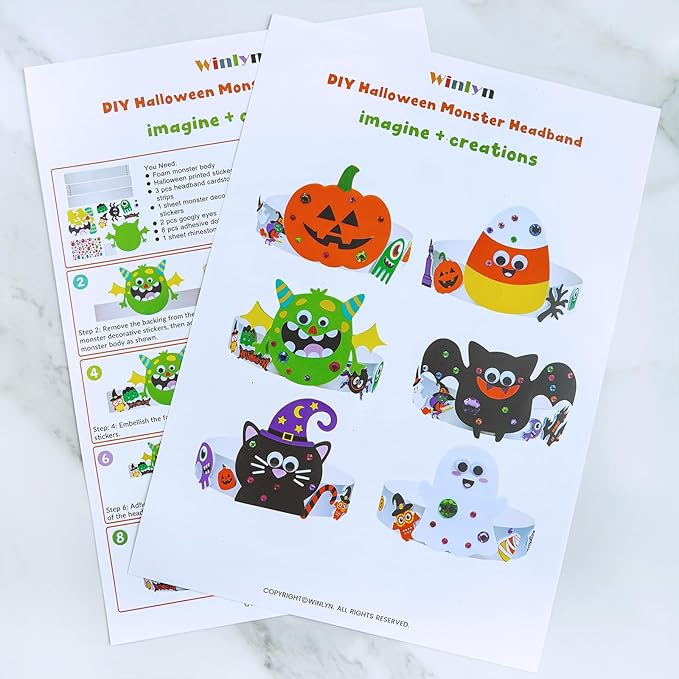 Winlyn 24 Sets Halloween Headbands Craft Kits Crown Art Sets Jack-o'-lantern Candy Corns Ghost Monster Bat Paper Hat with Halloween Foam Stickers for Kids Halloween Classroom Activities Party Favors